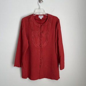 Vintage Papell Too Burnt Orange 100% Silk Embroidered Button Front Tunic